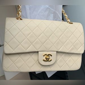 Chanel medium double flap bag lambskin with gold hardware ivory/milk tea